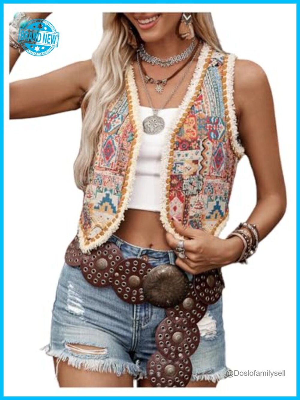 Women's Western Embroidered Boho Vest Raw Hem Cropped Tank Top
